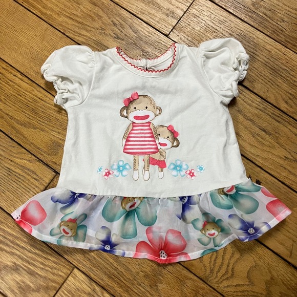 Baby Starters Other - Baby Starters Sock Monkey Floral Peplum Top White Red 6M Puff Sleeve Ric‎ Rac